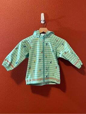 Polarn O Pyret Boy’s Green Striped Frog Print Full Zip Reflective Rain Jacket